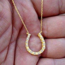 0.75Ct Real Moissanite &quot;HORSE SHOE&quot; Pendant Necklace 14k Yellow Gold Plated 18&quot; - £37.36 GBP