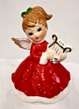 Vintage Lefton Christmas Girl Angel Brunette w Harp Figurine 3 3/4&quot; Japa... - $28.22