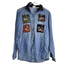 Denim Jean Button Up Blouse Fall Patch Corduroy Collar Embroidered Bobbie Brooks - £17.48 GBP