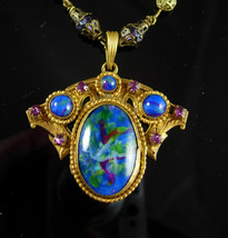 Vintage Art Nouveau Necklace Czech necklace art glass and brass peacock necklace - £215.50 GBP