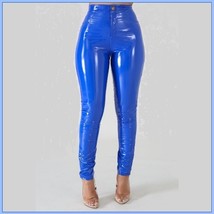 Bright Blue Tight Fit Faux Leather High Waist Front Zip Up Legging Pencil Pants