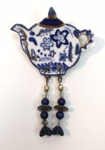 Blue &amp; White Teapot Dangle Brooch Glazed Ceramic &amp; Bead Signed Gold Tone Accent - £11.86 GBP