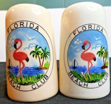 Florida Beach Club Ceramic Salt &amp; Pepper Shakers Flamingo Palm Tree Oc EAN Boat - £9.94 GBP