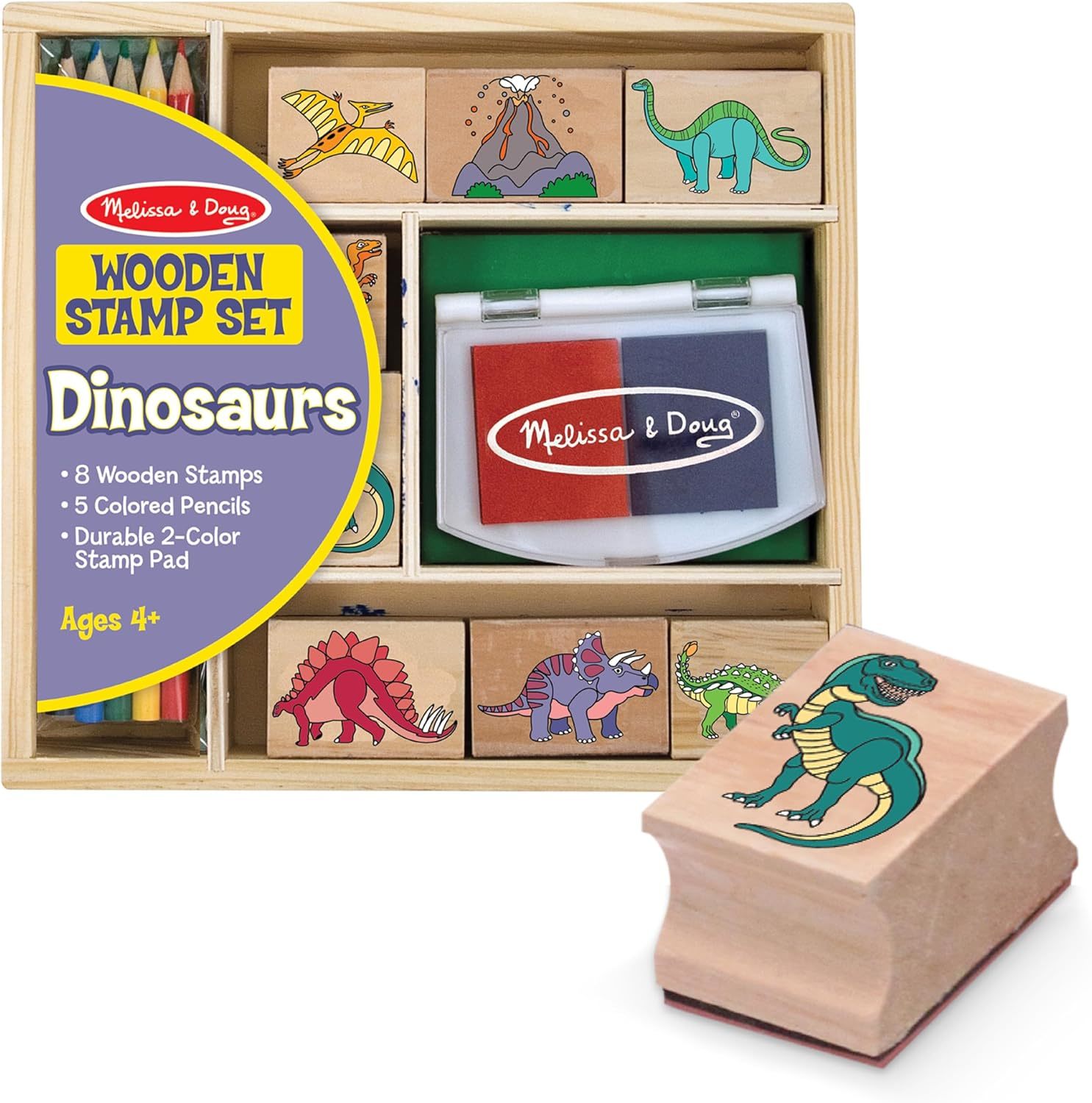 Melissa &amp; Doug Wooden Stamp Set: Dinosaurs - 8 Stamps, 5 Colored, Certified - $33.99