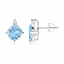 Aquamarine Cushion Stud Earrings with Diamond in 14K Gold (Grade-AAAA , 7MM) - £1,033.15 GBP