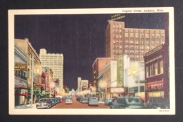 Capital Street Jackson Mississippi MS at Night Vintage Cars Linen Postcard 1940s - £5.49 GBP