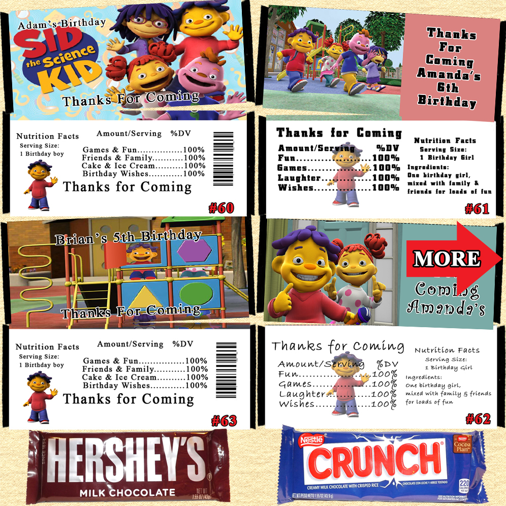 Sid The Science Kid Birthday Candy Wrappers 10 each Personalized - $9.50 - $10.50