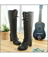 Black Knee High Nubuck Leather Lace-Up Medium High Heel Boots  - £72.29 GBP