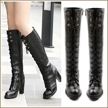 Black Knee High Nubuck Leather Lace-Up Medium High Heel Boots  image 2