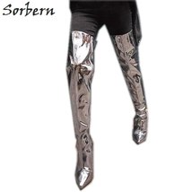Shiny Silver Over The Knee Boots Women Pointed Toe Ladies Heels Wide Fit Ankle M - £184.72 GBP