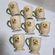 8 Royal Rooster Footed Coffee Mugs Gibson 4 1/2  Tall Beige Green Trim P... - $68.40
