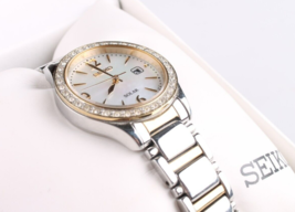 Seiko SUT126 Solar Two Tone Crystal Bezel Mother of Pearl Dial Women&#39;s Watch - $159.98