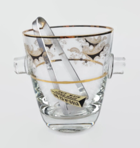 Mid century glass ice bucket with tongs and 23K gold floral decor French... - $53.88