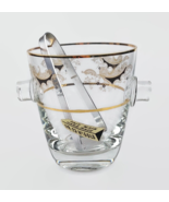 Mid century glass ice bucket with tongs and 23K gold floral decor French... - $73.89 CAD