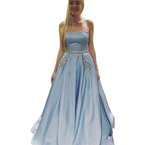 Kivary Beaded Belt Long Satin Formal Prom Evening Dresses with Pockets Sky Blue