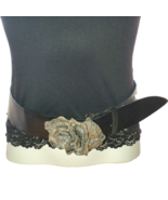 Vintage wide 2.5&quot; Black Thick Leather Belt with Sterling Silver Rose buc... - £375.51 GBP