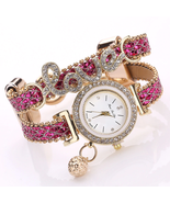 FanTeeDa Top Brand Women Bracelet Watches Ladies Love Leather Strap Rhinestone Q - £11.45 GBP