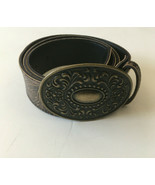 Vintage floral pattern fake faux leather brown belt with large buckle bo... - $19.75