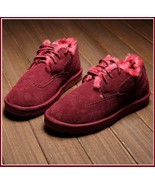 Wine Red Leather Suede Flats Thick Fur Lined Padded Short Laced Unisex S... - £159.80 GBP