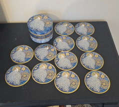 12 Round Blue and Gold Peacock Coasters with Holder by Punch Studio EUC - £14.33 GBP