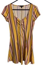 Bebop Juniors Mini Dress M Gold Striped Fit and Flare V Neck Runched Cap Sleeve  - £10.10 GBP