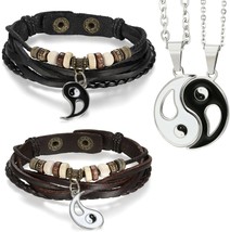 Women Men Leather Bracelet Couple Yin Yang Black Brown 2 PCS 2 Necklace Pendants - $44.05