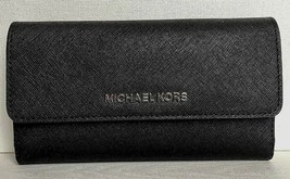 New Michael Kors Jet Set Travel Large Trifold Wallet Leather Black with Silver - £53.08 GBP