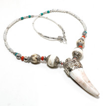 Conch Shell Tooth Turquoise Red Coral Handmade Beaded Necklace Nepali 18&quot; SA 548 - £11.06 GBP