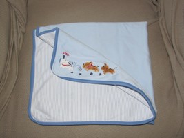 Just One Year Blue Dog Woof Blanket Reversible Cotton Stripe 26" X 30" - $12.86