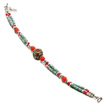 Tibetan Turquoise, Red Coral Gemstone Jewelry Bracelet Nepali 6-7&quot; SA 1349 - $5.99