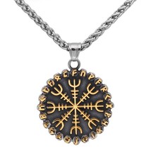 Helm of Awe Viking Necklace Gold Stainless Steel Norse Runes Vegvisir Pendant - £23.59 GBP