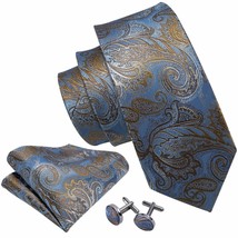 Blue with Gold Paisley Necktie, Hanky, and Cufflinks - $349.95 MXN