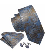 Blue with Gold Paisley Necktie, Hanky, and Cufflinks - $349.95 MXN