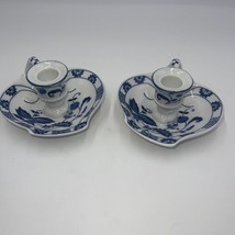 Vienna Woods Candle Stick Holders Blue White Onion China with Handles Set of 2 - £31.34 GBP
