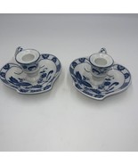 Vienna Woods Candle Stick Holders Blue White Onion China with Handles Se... - £31.25 GBP