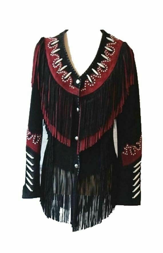 Women's Two Tone Black Red Cont Western Fringed Bone Beaded Suede Leather Jacket