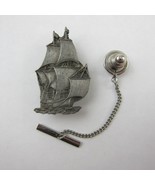 Vintage Mayflower Ship Tie Tack Lapel Pin with Chain Tie Bar Pewter RARE - £15.97 GBP