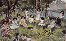Group Of Young Girls &amp; Dogs In Forest With BICYCLES~1907 Fantasy Postcard - £10.63 GBP