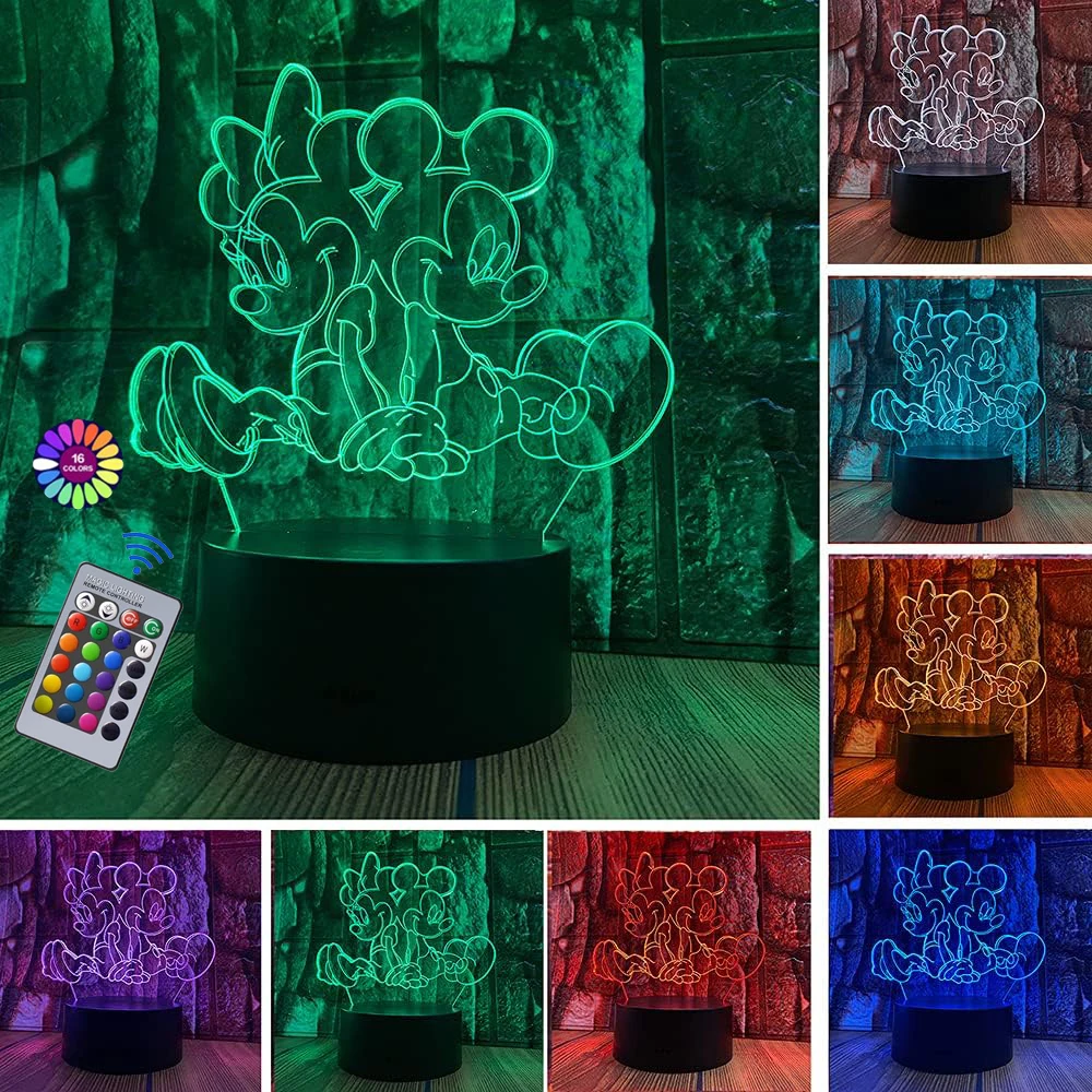 Mickey Minnie Anime 3D Acrylic Night Light with Remote 16 Colors USB Pow... - $7.93
