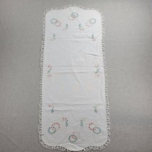 Vintage Hand Embroidered Tablerunner White Crochet Edge Floral Boho Cottage core - £15.72 GBP