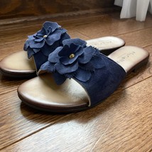 Mariella Blue Suede Flower Sandal Women 8.5 Leather Flat Slide Slip On Shoe 8426 - £17.49 GBP