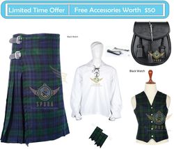 Scottish Traditional Handmade Men&#39;s Black Watch Tartan 8 Yard KILT &amp; Accessories - £76.54 GBP