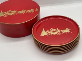 Vintage Christmas Coaster Set Lacquerware Otagiri Japan Red and Gold Carriage 6 - £12.19 GBP