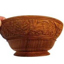 Wood Hand Carved Decorative Flowers Round Bowl Boho Made in India Vtg 8.25&quot; READ - £12.41 GBP
