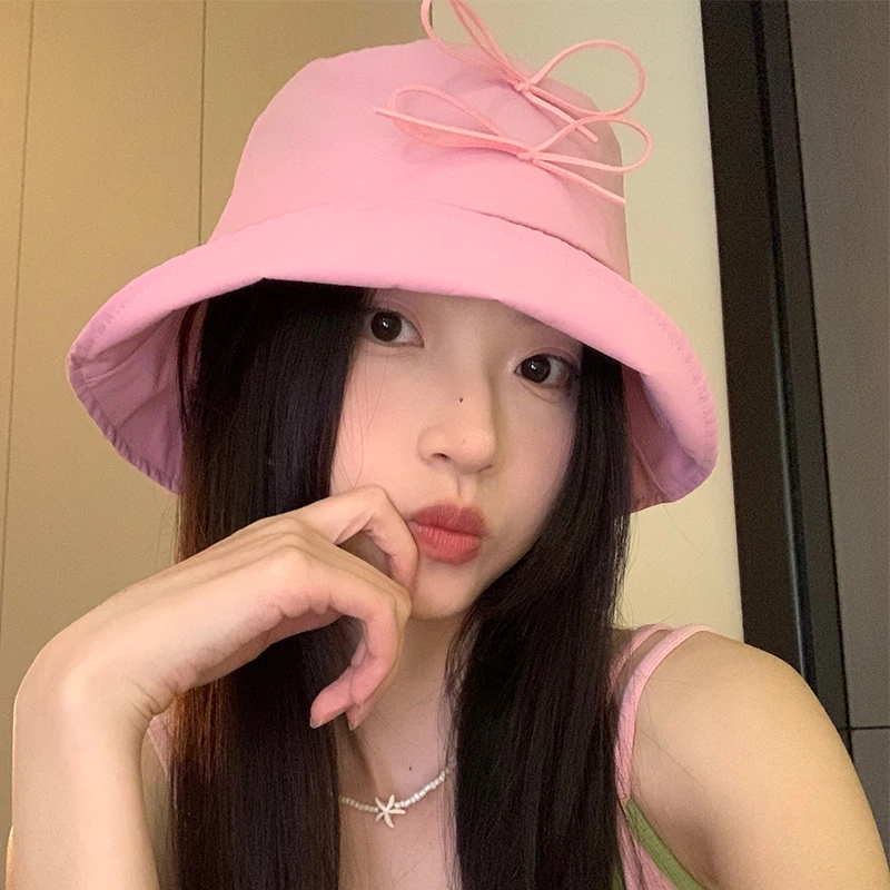 Fresh and Sweet Bow Design Bucket Hats Women in Summer Korean Ins Style - £15.73 GBP