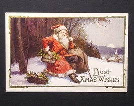 Best Christmas Xmas Wishes Santa in the Snow Gold Embossed Postcard c1920s (a) - £7.98 GBP