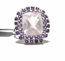 Rose Quartz Cushion Solitaire &amp; Purple Amethyst Ring, Silver, Size 7, 10.48(TCW) - £31.96 GBP