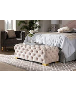 Gates Light Beige Velvet Fabric Gold Finished Button Tufted Bench Ottoman - $9,409.49 MXN