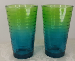 Libbey Ombre Green&amp; Blue Glasses Hoop Design 2Tone Set Of 2 16oz - £15.81 GBP