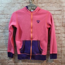 Vintage Nike Sweatshirt Hoodie Girls Large Pink with Purple Pocket and Cuffs Zip - $9.22